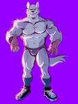  2019 abs anthro biceps canid canine canis clothing digital_media_(artwork) footwear fur hi_res male mammal muscular muscular_male pecs plum_(artist) purple_background shoes simple_background solo underwear 