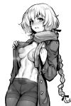  1girl absurdres areolae blush breasts cleavage coat gggg greyscale highres inverted_nipples konno_junko large_areolae looking_at_viewer monochrome navel open_clothes open_coat open_mouth pantyhose scarf short_hair simple_background solo sweat thighband_pantyhose white_background zombie_land_saga 