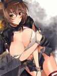  1girl amakaze arm_under_breasts black_capelet black_jacket black_skirt blush breasts brown_hair capelet cleavage collarbone dutch_angle embarrassed fire green_eyes hair_between_eyes headgear jacket kantai_collection large_breasts looking_at_viewer metal_belt midriff mutsu_(kantai_collection) oekaki panties pleated_skirt red_legwear remodel_(kantai_collection) rigging short_hair skirt solo striped striped_legwear torn_clothes turret underwear upper_body white_panties 