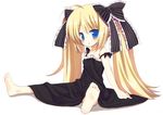  1girl ahoge artist_request barefoot black_dress blonde_hair blue_eyes blush bow child cute dress fair_skin feet flat_chest full_character_shape gothic_lolita hair_bow hair_ornament hair_ribbon loli lolita lolita_fashion long_hair looking_at_viewer meito_(maze) open_mouth original ribbon simple_background sitting soles solo source_request strap_slip toes twin_tails twintails very_long_hair 