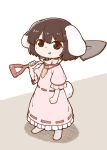  1girl bangs black_hair blush_stickers bunny_tail carrot_necklace dress frilled_dress frilled_shirt_collar frilled_sleeves frills holding inaba_tewi looking_at_viewer open_mouth poronegi ribbon-trimmed_dress short_hair short_sleeves shovel simple_background solo tail touhou white_background 
