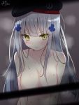  &gt;:( 1girl bangs black_hat blunt_bangs blush breasts censored cleavage closed_mouth collarbone commentary_request eyebrows_visible_through_hair facial_mark frown girls_frontline green_eyes grey_hair hair_ornament hat highres hk416_(girls_frontline) long_hair looking_at_viewer medium_breasts navel nude ramchi solo steaming_body straight_hair upper_body v-shaped_eyebrows 