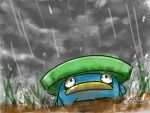  black_eyes closed_mouth cloud creatures_(company) full_body game_freak gen_3_pokemon grass grey_sky japanese_text looking_up lotad nintendo no_humans outdoors pokemon pokemon_(creature) rain solo sunaxet translation_request water watermark wet 