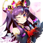  1girl bare_shoulders elbow_gloves gloves gradient_eyes hat lumiel_(p&amp;d) multicolored multicolored_eyes nagi_(pixiv2681325) one_eye_closed pixels purple_eyes purple_hair puzzle_&amp;_dragons smile star two_side_up wings yellow_eyes 