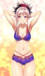  1girl armpits arms_behind_head arms_up bangs bare_arms bare_shoulders blush bra breasts cleavage clenched_teeth cowboy_shot earrings eyebrows_visible_through_hair fate/grand_order fate_(series) gluteal_fold gradient gradient_background jewelry long_hair looking_at_viewer medium_breasts miyamoto_musashi_(fate/grand_order) navel open_mouth panties pink_hair ponytail purple_bra purple_eyes purple_panties single_sidelock solo stomach teeth underwear underwear_only v-shaped_eyebrows zucchini 
