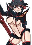  1girl black_hair blue_eyes breasts contrapposto cowboy_shot eyebrows_visible_through_hair grin hair_between_eyes highlights kill_la_kill living_clothes looking_at_viewer matoi_ryuuko medium_breasts microskirt multicolored_hair navel partially_colored red_hair revealing_clothes scissor_blade short_hair simple_background sketch skirt smile solo streaked_hair suspenders sword two-tone_hair underboob user_veme5747 weapon white_background 
