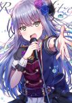  1girl absurdres back_bow bang_dream! bangs blue_flower blue_rose bow chains chromatic_aberration corsage corset epaulettes flower grey_hair hair_flower hair_ornament highres holding holding_microphone long_hair looking_at_viewer mia_(fai1510) microphone microphone_stand minato_yukina open_mouth outstretched_hand purple_flower purple_rose rose short_sleeves skirt solo upper_body v-shaped_eyebrows water_drop wrist_cuffs yellow_eyes 