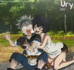  1boy 1girl asta_(black_clover) bandanna belt black_clover black_hair breath forest highres hug long_shorts nature open_mouth pouch red_eyes sally_(black_clover) shirt short_shorts shorts silver_hair sleeveless sleeveless_shirt startlet ury white_shirt 