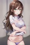  1girl absurdres bang_dream! bangs blush bra brown_hair collared_shirt crossed_arms green_eyes grey_background groin hair_tie hair_tie_in_mouth highres imai_lisa long_hair looking_at_viewer mia_(fai1510) mouth_hold navel panties purple_panties see-through shirt short_sleeves smile solo stomach underwear undressing wet wet_clothes wet_hair wet_shirt white_shirt 