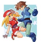  1boy 1girl belt blonde_hair bodysuit breasts brown_gloves brown_hair cabbie_hat commentary_request gloves green_eyes hamagurihime hat jacket long_hair looking_at_viewer open_mouth red_hat red_shorts rock_volnutt rockman rockman_dash roll_caskett shorts small_breasts smile star 