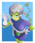  1girl armor blue_background blush bodysuit breasts cheelai collarbone dragon_ball dragon_ball_super dragon_ball_super_broly from_above gloves green_skin grey_hair hand_on_hip heart highres looking_at_viewer medium_breasts open_mouth purple_bodysuit purple_eyes purple_gloves scouter short_hair skin_tight smile solo tuminiakira white_gloves 