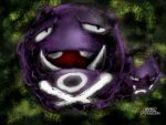  black_eyes creatures_(company) fangs full_body game_freak gen_1_pokemon green_background japanese_text nintendo no_humans open_mouth pokemon pokemon_(creature) smoke solo sunaxet teeth translation_request watermark weezing 