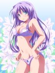  1girl blurry blurry_background blush bow bow_bra bow_panties bra breasts closed_mouth cowboy_shot eyebrows_visible_through_hair feena_fam_earthlight floral_background green_eyes kikuchi_tsutomu lace lace-trimmed_bra lace-trimmed_panties leaning_forward long_hair looking_at_viewer medium_breasts navel panties purple_hair purple_panties solo standing thighs underwear underwear_only yoake_mae_yori_ruri_iro_na 