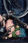  1girl blue_hair blush breast_grab breast_squeeze breasts cross-eyed feathers grabbing highres hoop mole mouth multicolored_hair navel nipples object_insertion pussy saliva scar solo soul_calibur soulcalibur_vi stomach tira_(soulcalibur) torn_clothes torn_legwear two-tone upside-down weapon 