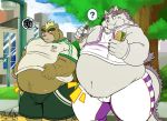  2019 anthro ashigara behemoth_(housamo) belly blush brown_fur bulge clothed clothing cute_fangs deadanthro duo food fur horn humanoid_hands male mammal monster navel open_shirt outside overweight overweight_male pants shirt shorts tokyo_afterschool_summoners ursid video_games 