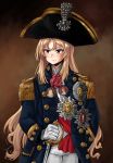  1girl alternate_costume ascot black_hat blonde_hair blue_coat blue_eyes cosplay cowboy_shot epaulettes erufu_kan fine_art_parody flower hat holding holding_sword holding_weapon horatio_nelson horatio_nelson_(cosplay) kantai_collection long_hair long_sleeves medal military military_uniform namesake naval_uniform nelson_(kantai_collection) parody red_flower red_neckwear red_rose rose solo sword tricorne uniform weapon 