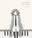  1girl bangs black_eyes black_neckwear blush character_name collared_shirt dated east_sha2 english_text happy_birthday hatsune_miku long_hair muted_color necktie no_nose piano_keys shirt smile solo twintails very_long_hair vocaloid white_shirt 