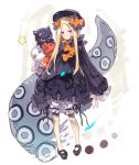  1girl abigail_williams_(fate/grand_order) animal bangs black_bow black_dress black_footwear black_hat blonde_hair bloomers blue_eyes blush bow bug butterfly closed_mouth commentary_request dress fate/grand_order fate_(series) forehead full_body hair_bow haku_(sabosoda) hat insect long_hair long_sleeves looking_at_viewer mary_janes medjed object_hug octopus orange_bow parted_bangs polka_dot polka_dot_bow shoes sleeves_past_fingers sleeves_past_wrists star stuffed_animal stuffed_toy suction_cups teddy_bear tentacle tokitarou_(fate/grand_order) underwear v-shaped_eyebrows very_long_hair white_bloomers 