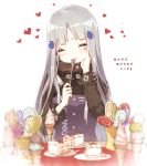  1girl artist_request cake candy commentary_request eating eyes_closed food fork girls_frontline goggles goggles_around_neck hk416_(girls_frontline) ice_cream ice_cream_cone iron_cross plate silver_hair smile solo translation_request 