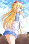  1girl :d absurdres ass bangs blonde_hair blue_eyes blue_sailor_collar blue_skirt blue_sky blush cloud cloudy_sky commentary_request day eyebrows_visible_through_hair fingernails hair_between_eyes hair_ribbon hand_up high_ponytail highres kirisaki_chitoge leaning_forward long_hair long_sleeves looking_at_viewer looking_back miniskirt nisekoi open_mouth orange_neckwear outdoors pleated_skirt pointing ponytail red_ribbon ribbon round_teeth sailor_collar shirt sin_(sin52y) skirt sky smile solo standing teeth upper_teeth very_long_hair white_shirt 
