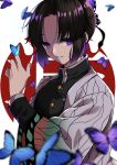  1girl black_hair blue_butterfly blue_eyes blurry blurry_background blurry_foreground butterfly_on_head exa_(koyuru) highres kimetsu_no_yaiba kochou_shinobu long_sleeves looking_at_viewer military military_uniform parted_lips short_hair solo uniform upper_body 