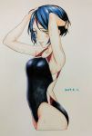  1girl artist_request black_hair blush hand_in_hair hayami_kanade highres idolmaster idolmaster_cinderella_girls idolmaster_cinderella_girls_starlight_stage one-piece_swimsuit short_hair smile solo swimsuit traditional_media wet wet_clothes wet_swimsuit yellow_eyes 
