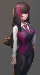  1girl bangs brown_hair closed_mouth grey_background hand_on_hip highres hood_(james_x) light long_hair multicolored_hair necktie personification pokemon purple_eyes purple_hair purple_neckwear salazzle simple_background slit_pupils solo standing vest 