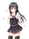  1girl adapted_costume asashio_(kantai_collection) bangs belt black_dress black_hair black_legwear blue_eyes blush breasts buttons collared_shirt dress eyebrows_visible_through_hair hair_between_eyes hanazome_dotera heart heart_hands jewelry kantai_collection lips long_hair long_sleeves looking_at_viewer open_mouth pinafore_dress ring school_uniform shirt short_sleeves simple_background sleeveless sleeveless_dress small_breasts smile solo thighhighs wedding_ring white_background white_shirt 