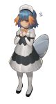  1girl black_footwear blue_hair blush bow brown_eyes closed_mouth eyebrows_visible_through_hair highres holding_hands hood_(james_x) maid maid_headdress mudkip orange_bow personification pokemon short_hair simple_background solo standing sweatdrop tail white_background white_legwear 