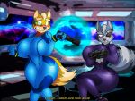 4:3 anthro blush breasts canid canine canis crossgender dracojeff duo female fox fox_mccloud gun mammal metroid nintendo ranged_weapon star_fox teeth text video_games weapon wolf wolf_o&#039;donnell zero_suit 
