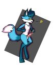  2019 balls blue_fur blue_hair blue_paws canid canine cum digital_media_(artwork) fox fur grey_background hair hi_res knot male mammal one_eye_closed penis precum presenting simple_background smile smirk solo standing star toony wink yellow_eyes 