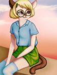  bottomwear clothing domestic_cat eyewear felid feline felis female furasaur glasses hi_res mammal shirt sitting skirt sky smile solo topwear 