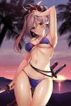  1girl bikini blue_eyes blurry blurry_background blush breasts cleavage cowboy_shot earrings fate/grand_order fate_(series) groin hair_ornament hand_on_own_head harimoji holding holding_sword holding_weapon jewelry katana large_breasts long_hair looking_at_viewer miyamoto_musashi_(fate/grand_order) multiple_swords navel palm_tree pink_hair ponytail purple_bikini smile solo stomach sunset swimsuit sword tree weapon wet 