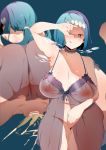  1girl :p after_sex arm_up armpits bar_censor blue_eyes blue_hair breasts censored covering_one_eye cum cum_in_pussy dress freckles furau half-closed_eyes highres large_breasts low_ponytail mature naughty_face nightgown nipples pokemon pokemon_(anime) pokemon_sm_(anime) pussy pussy_juice see-through sleeveless sleeveless_dress solo_focus steam suiren&#039;s_mother_(pokemon) tongue tongue_out 