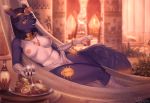  2019 anthro big_breasts big_tail breasts clothing detailed_background digimon digimon_(species) digital_media_(artwork) drinking egyptian female fur hair hi_res looking_at_viewer lounging mammal nipples partial_nudity pharaoh queen renakhnamon_(dragonzeye) renamon royalty smile solo thick_thighs yoshi2332 