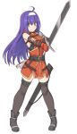  1girl ahoge belt blue_hair breasts detached_sleeves fingerless_gloves fire_emblem fire_emblem:_souen_no_kiseki gloves green_eyes hairband headband long_hair looking_at_viewer purple_hair shiseki_hirame smile solo sword thighhighs wayu_(fire_emblem) weapon white_hairband white_headband 