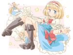  3girls :d :o ^_^ alice_margatroid all_fours apron arnest bangs black_footwear blonde_hair blue_dress blue_eyes blue_panties boots border bow bowtie capelet closed_eyes commentary_request dress eyebrows_visible_through_hair frilled_apron frilled_hairband frills full_body hair_bow hairband head_tilt index_finger_raised knees_up lolita_hairband long_hair looking_at_viewer lying multiple_girls neck_ribbon on_back open_mouth outside_border panties pantyshot pantyshot_(lying) parted_lips petticoat pink_background pink_outline red_bow red_hairband red_neckwear red_ribbon ribbon shanghai_doll short_hair simple_background smile star thighs touhou underwear very_long_hair waist_apron white_apron white_border white_capelet wrist_cuffs 