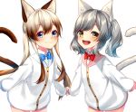  2girls :3 :d animal_ear_fluff animal_ears bangs blue_bow blue_eyes blue_sailor_collar blush bow bowtie brown_eyes brown_hair cat_ears cat_girl cat_tail closed_mouth collared_shirt colored_shadow commentary_request cowboy_shot dress_shirt drop_shadow eyebrows_visible_through_hair grey_hair hair_between_eyes highres jacket leaning_forward light_brown_hair long_hair long_sleeves looking_at_viewer multicolored_hair multiple_girls open_mouth original pink_sailor_collar puffy_long_sleeves puffy_sleeves red_neckwear round_teeth rukinya_(nyanko_mogumogu) sailor_collar shadow shirt sleeves_past_wrists smile standing tail tail_raised teeth twintails twitter_username two-tone_hair upper_teeth very_long_hair white_background white_jacket white_shirt 