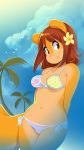  anthro beach big_tail bikini biped blue_clothing bra brown_eyes brown_hair clothing female flower flower_in_hair front_view fur hair hi_res long_hair looking_at_viewer mammal midriff miu multicolored_fur navel orange_fur outside panties peaches_(miu) pink_nose plant rodent sciurid seaside smile solo standing swimwear tan_fur two_tone_fur underwear 