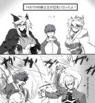  2boys 2girls ahoge archer armor artoria_pendragon_(all) artoria_pendragon_(lancer) artoria_pendragon_(lancer_alter) bangs blonde_hair blue_gloves braid breasts brown_eyes cape cleavage commentary crown dark_skin dark_skinned_male depo_(typebaby505) dual_persona emiya_shirou eyebrows_visible_through_hair fate/grand_order fate/stay_night fate_(series) french_braid fur-trimmed_cape fur_trim gloves green_eyes greyscale hair_between_eyes highres kanshou_&amp;_bakuya lance large_breasts long_sleeves monochrome multiple_boys multiple_girls open_mouth orange_hair polearm raglan_sleeves red_cape red_hair rhongomyniad short_hair sidelocks sweatdrop swept_bangs translation_request weapon white_hair 