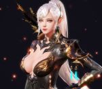  1girl 3d aion armor bora_kim breasts cleavage_cutout medium_breasts pointy_ears solo upper_body white_hair 
