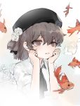  1girl bangs beret black_headwear black_neckwear blush brown_eyes brown_hair collared_shirt commentary_request dokomon eyebrows_visible_through_hair fang fish flower goldfish hair_between_eyes hair_flower hair_ornament hair_rings hands_up hat hatoba_tsugu hatoba_tsugu_(character) highres korean_commentary looking_away mole mole_under_eye open_mouth rose shirt short_sleeves solo virtual_youtuber white_flower white_rose white_shirt 