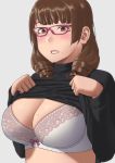  1girl blush bow bow_bra bra breasts brown_eyes brown_hair cleavage commentary_request drill_hair glasses grey_background highres large_breasts lift long_hair looking_at_viewer mole mole_under_mouth original pink-framed_eyewear ryokucha_michi solo sweater underwear white_bra 