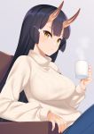  1girl :o black_hair breasts brown_eyes chair coffee_mug commentary_request cup denim grey_background hair_ornament hairclip highres holding holding_cup large_breasts long_hair long_sleeves looking_at_viewer mug oni_horns origamine_ouka original pants parted_lips ribbed_sweater simple_background sitting solo steam sweater takunomi turtleneck turtleneck_sweater white_sweater 