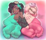  2019 5_toes animal_humanoid beauty_mark blush butt cephalopod cephalopod_humanoid clothed clothing crown dark_skin dialogue digital_media_(artwork) duo english_text fangs feet female foot_focus hand_on_butt humanoid humanoid_feet inkling legwear looking_at_viewer marina_(splatoon) marine marine_humanoid mollusk mollusk_humanoid nintendo octarian octoling off_the_hook_(splatoon) open_mouth panties pearl_(splatoon) rysonanthrodog simple_background smile soles splatoon tentacle_hair tentacles text thigh_highs toes underwear url video_games 