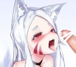 1boy 1girl animal_ear_fluff animal_ears bangs bar_censor bare_shoulders blush censored choker commentary_request cum cum_in_mouth face facial_mark fangs fox_ears fox_girl long_hair ompf open_mouth parted_bangs penis red_eyes sewayaki_kitsune_no_senko-san shiro_(sewayaki_kitsune_no_senko-san) solo_focus tongue tongue_out white_hair 