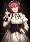  1girl apron bangs blue_eyes breasts brown_nails collared_dress dress eyebrows_visible_through_hair frills gun hair_between_eyes hand_on_hip handgun highres holding holding_gun holding_weapon light_particles looking_at_viewer maid original red_hair redlammy short_hair sidelocks solo upper_body vest weapon white_dress zipper 