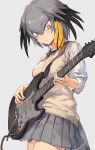  1girl black_hair black_neckwear blonde_hair breasts cardigan collared_shirt eyebrows_visible_through_hair green_eyes grey_hair grey_skirt guchico guitar holding holding_instrument instrument kemono_friends large_breasts long_sleeves looking_away looking_down multicolored_hair necktie shirt shoebill_(kemono_friends) short_hair skirt solo white_shirt 