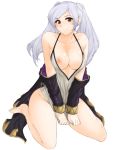  1girl bare_shoulders blush bottomless breasts coat collarbone covering covering_crotch feet female_my_unit_(fire_emblem:_kakusei) fire_emblem fire_emblem:_kakusei happy highres hip_focus large_breasts looking_at_viewer my_unit_(fire_emblem:_kakusei) nipples no_panties no_shoes seiza shirt_pull sitting smile soles solo spaghetti_strap teasing thighs transparent_background tridisart twintails white_hair yellow_eyes 