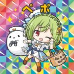  1girl ;d bikkuriman_(style) binoculars blue_bow blush bow braid brown_footwear character_name chibi crown_braid dress flower_knight_girl full_body ghost green_hair hair_ornament halloween_basket hand_up hat holding holding_binoculars jack-o&#039;-lantern jack-o&#039;-lantern_hair_ornament kneehighs loafers long_hair one_eye_closed open_mouth orange_legwear parody peaked_cap pepo_(flower_knight_girl) puffy_short_sleeves puffy_sleeves red_eyes rinechun sailor_collar sailor_dress sailor_hat shoes short_sleeves smile solo sparkle tilted_headwear white_dress white_headwear white_sailor_collar wrist_cuffs 